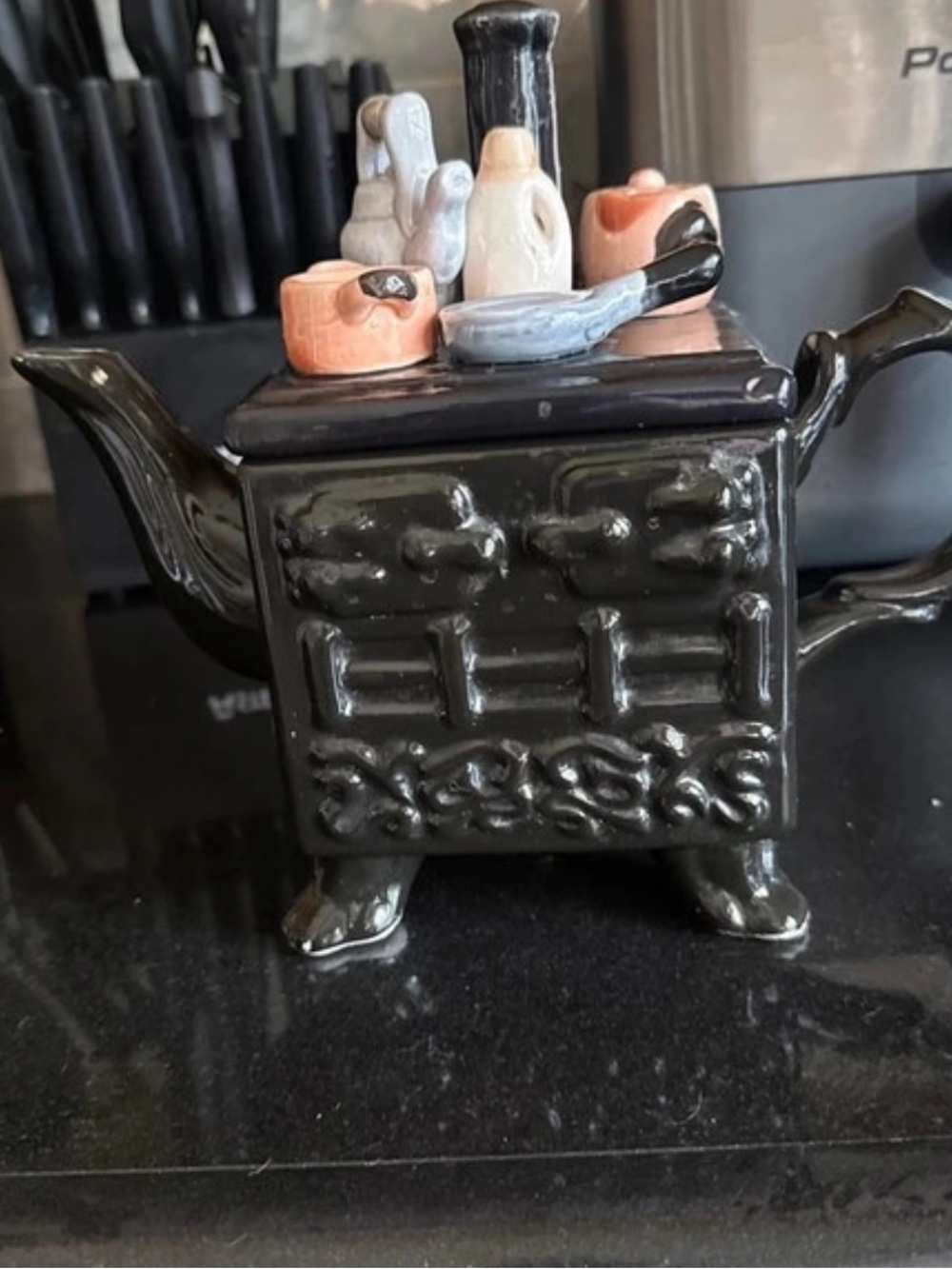 Unk Black Ceramic Stove-Shaped Teapot with Peach and Gray Accents